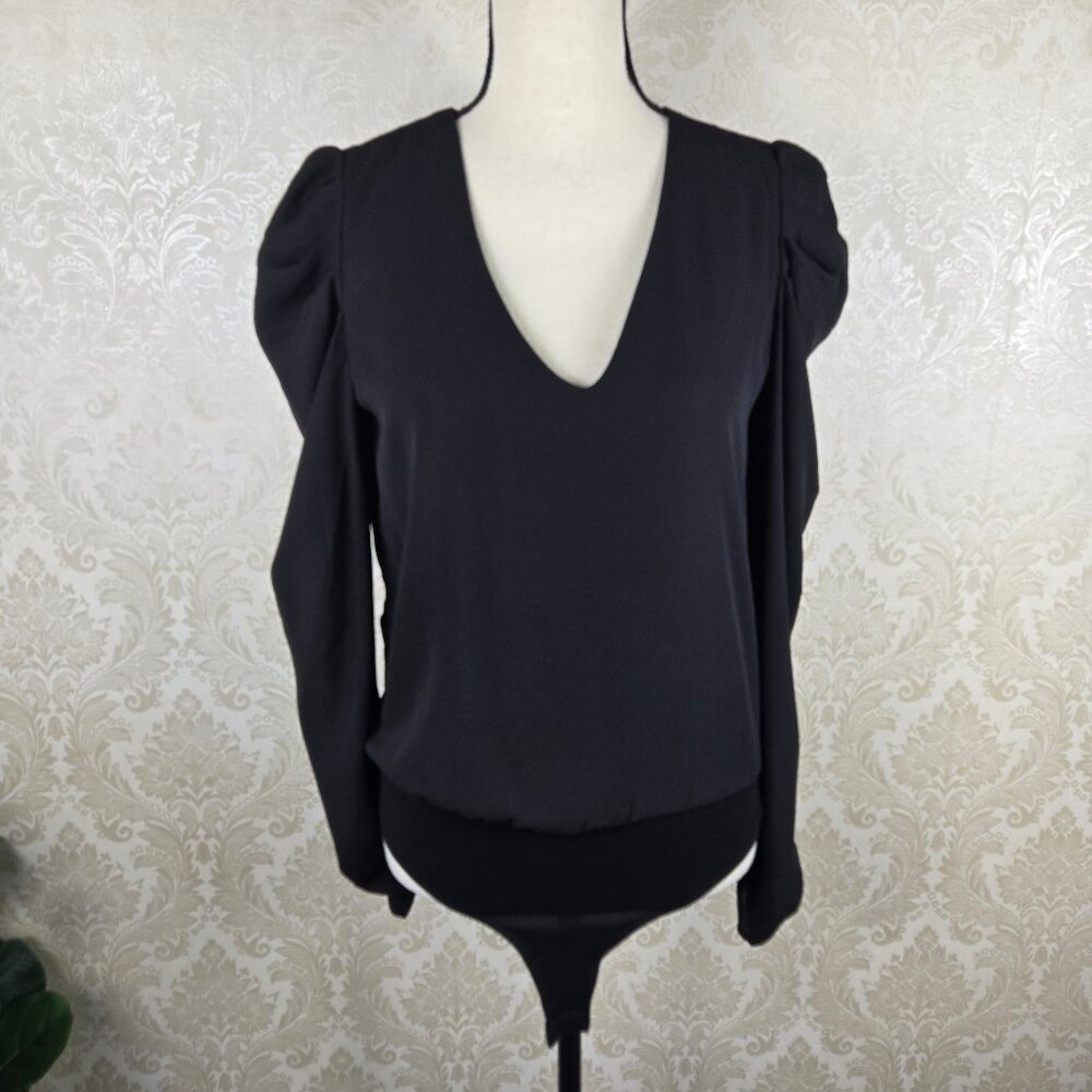 Leyden Size Small Black Bodysuit V-neck Keyhole Back Puff Shoulder Long Sleeve
